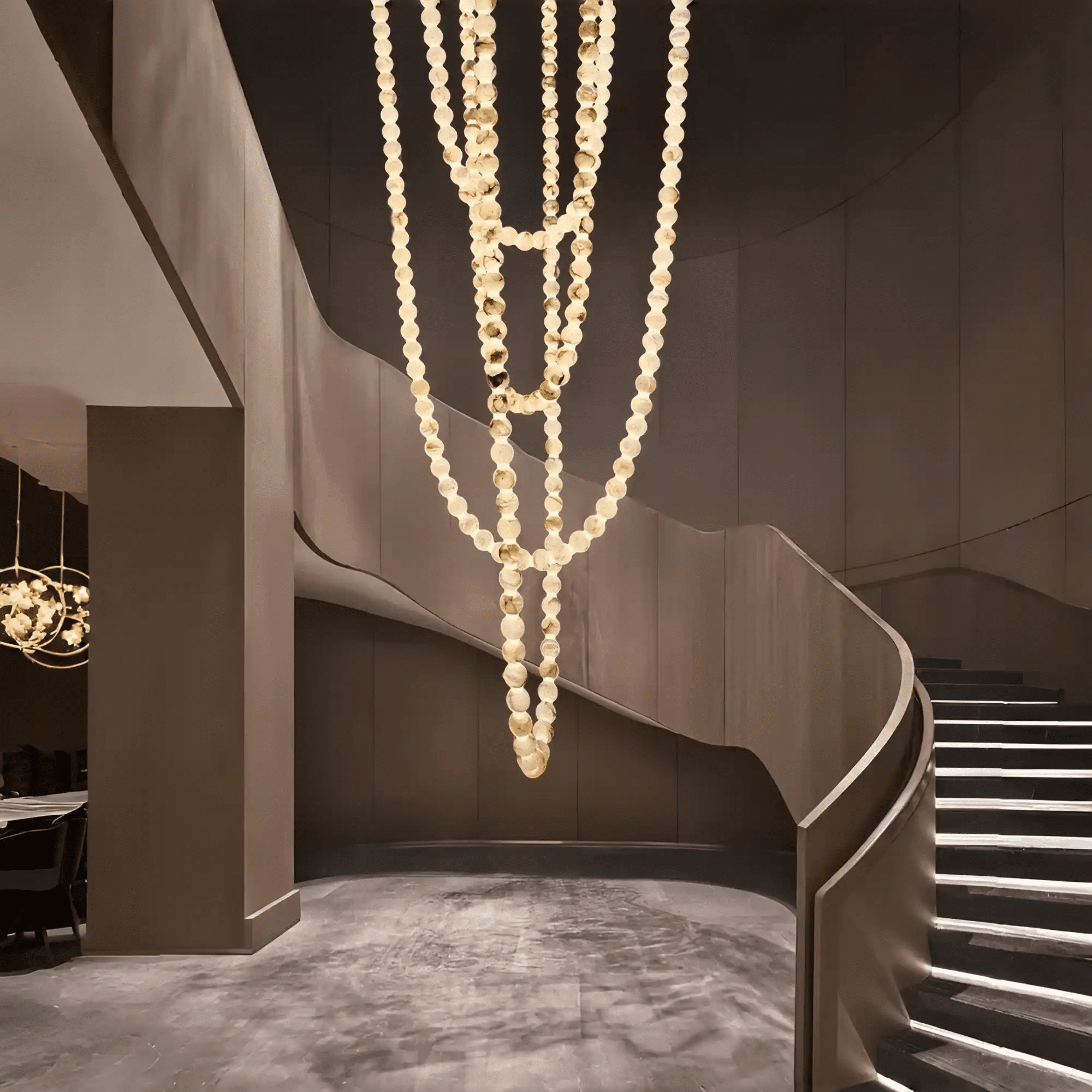 Modern LED Natural Alabaster Globes Beads Hanging Chandelier Indoor Lighting Fixture - 167 globes - L100+L200+L400+L500CM/L40"+L80"+L157"+L197"Warm Light (3000K)Black + WhiteBlushlighting