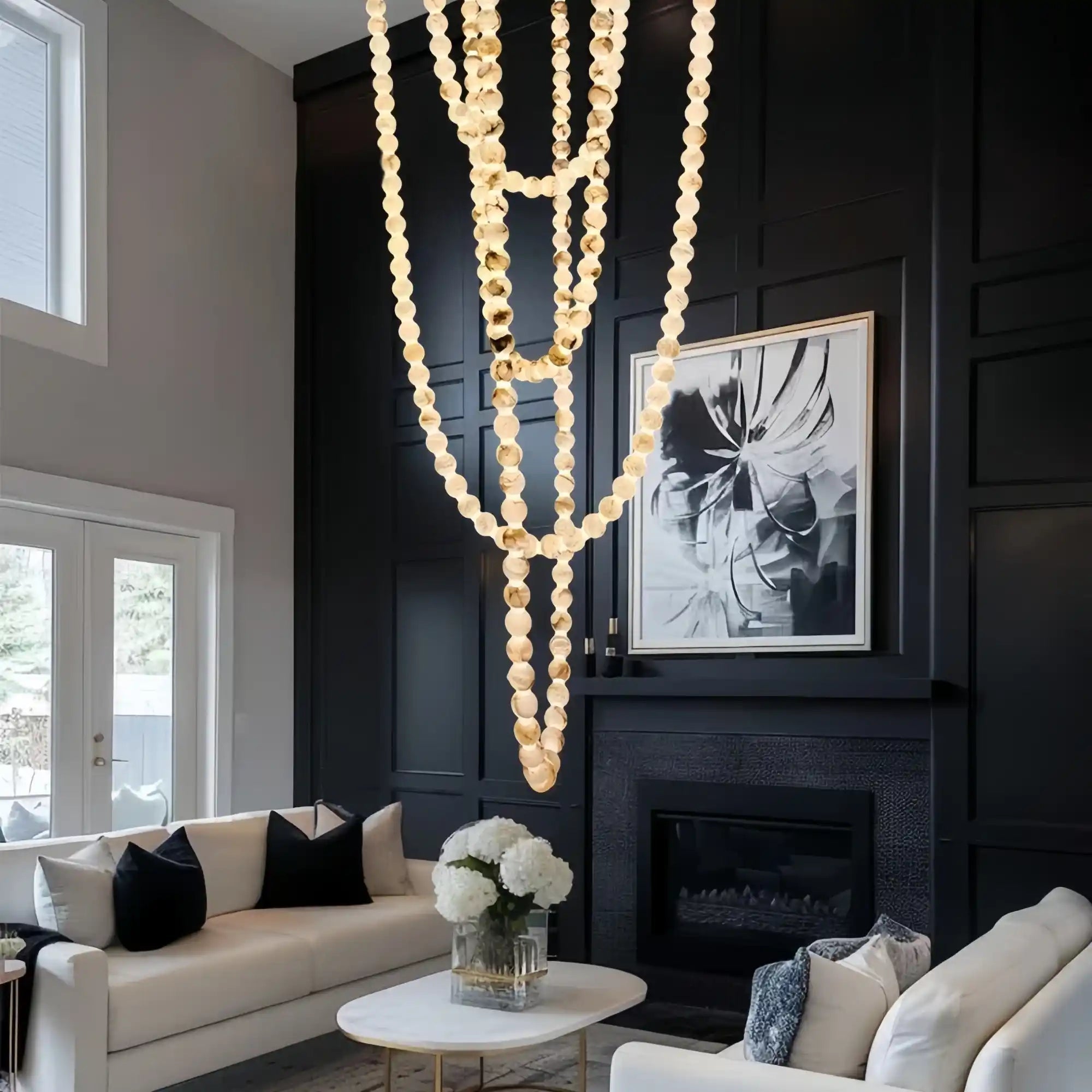 Modern LED Natural Alabaster Globes Beads Hanging Chandelier Indoor Lighting Fixture-Modern Pendant lamp-Blushlighting-167 globes-L100+L200+L400+L500CM/L40"+L80"+L157"+L197"-Neutral Light (4000K)-Black + White-Blushlighting