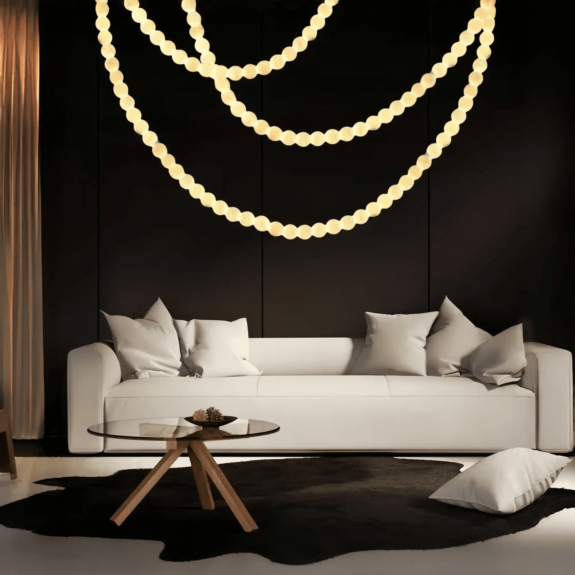 Modern LED Natural Alabaster Globes Beads Hanging Chandelier Indoor Lighting Fixture-Modern Pendant lamp-Blushlighting-125 globes-L100+L300+L500CM/L40"+L118"+L197"-Cool Light (6000k)-Black + White-Blushlighting