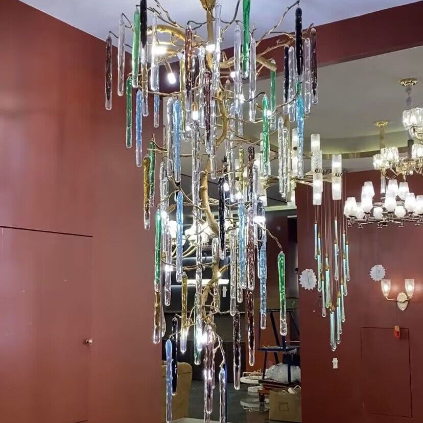 colorful, creative, Modern Light Luxury Brass Branches Colored Glass Column Chandelier for Staircase/Living Room/High-ceiling Space,special,unique,gorgeous, dimmable
