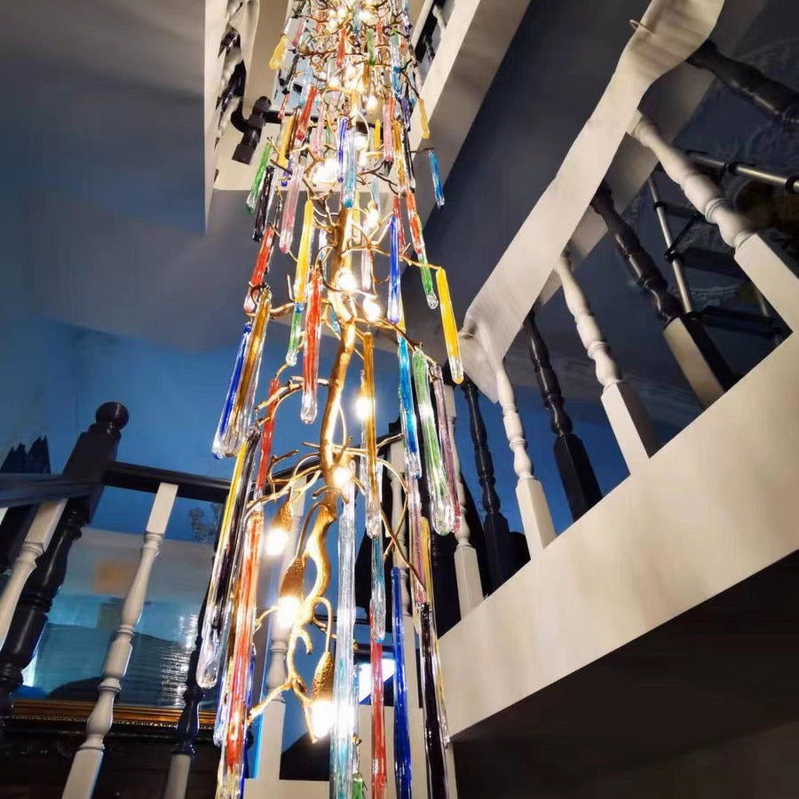 colorful, creative, Modern Light Luxury Brass Branches Colored Glass Column Chandelier for Staircase/Living Room/High-ceiling Space,special,unique,gorgeous, dimmable