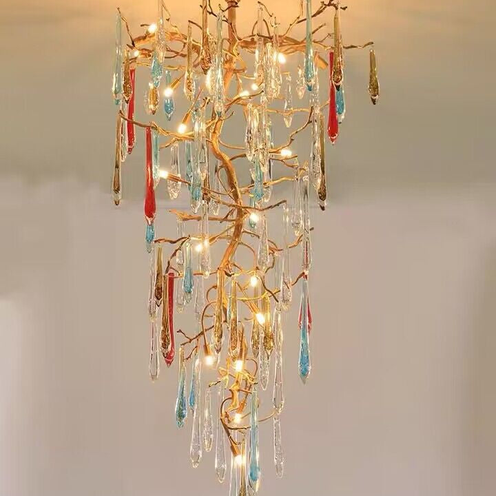 colorful, creative, Modern Light Luxury Brass Branches Colored Glass Column Chandelier for Staircase/Living Room/High-ceiling Space,special,unique,gorgeous, dimmable