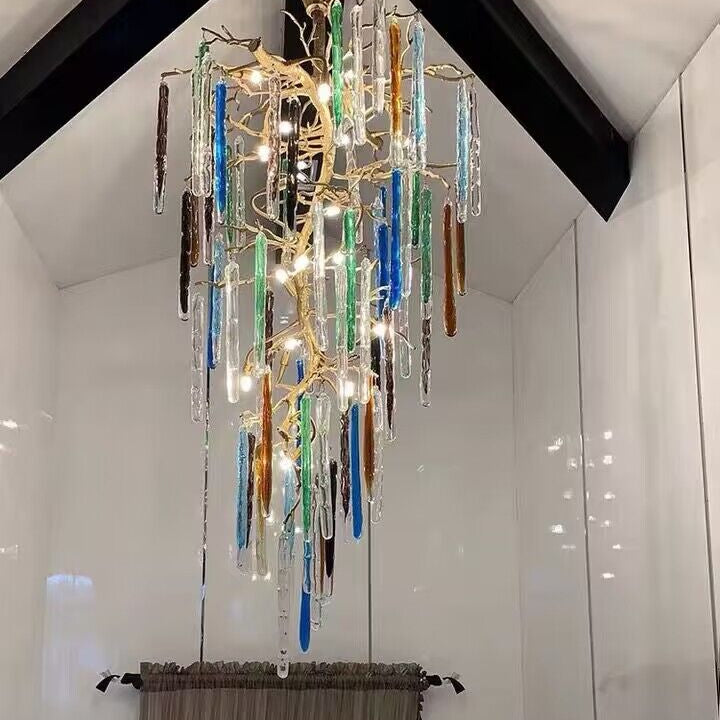 colorful, creative, Modern Light Luxury Brass Branches Colored Glass Column Chandelier for Staircase/Living Room/High-ceiling Space,special,unique,gorgeous, dimmable
