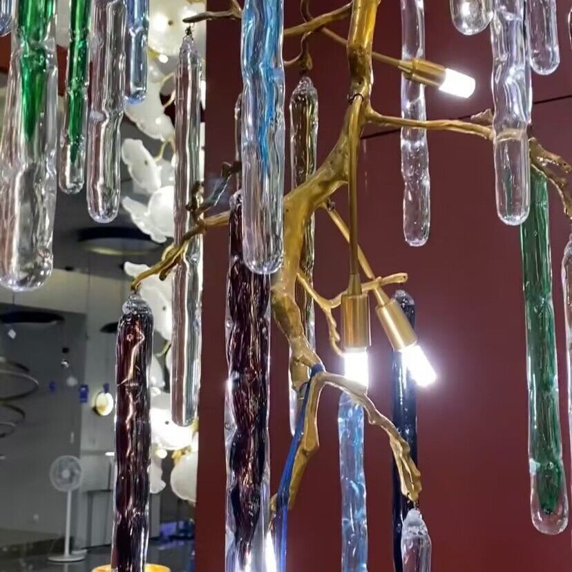 colorful, creative, Modern Light Luxury Brass Branches Colored Glass Column Chandelier for Staircase/Living Room/High-ceiling Space,special,unique,gorgeous, dimmable