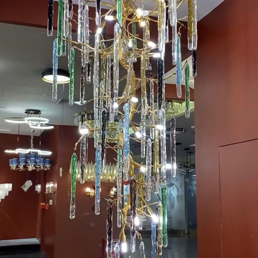 colorful, creative, Modern Light Luxury Brass Branches Colored Glass Column Chandelier for Staircase/Living Room/High-ceiling Space,special,unique,gorgeous, dimmable