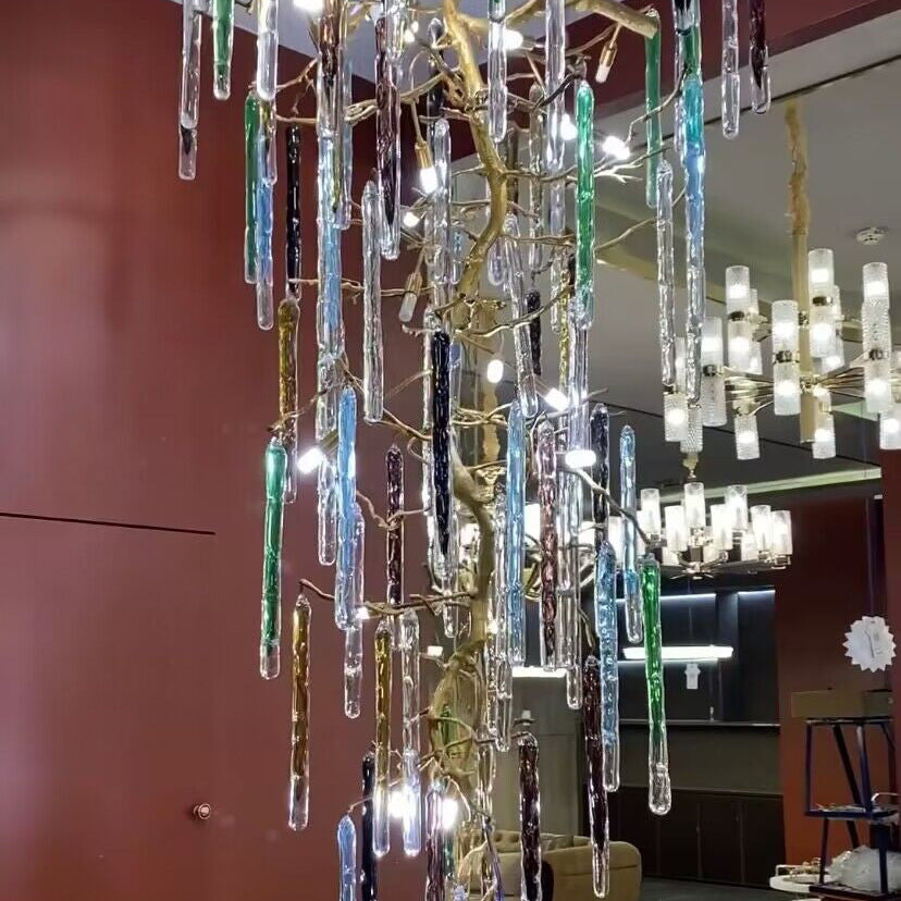 colorful, creative, Modern Light Luxury Brass Branches Colored Glass Column Chandelier for Staircase/Living Room/High-ceiling Space,special,unique,gorgeous, dimmable