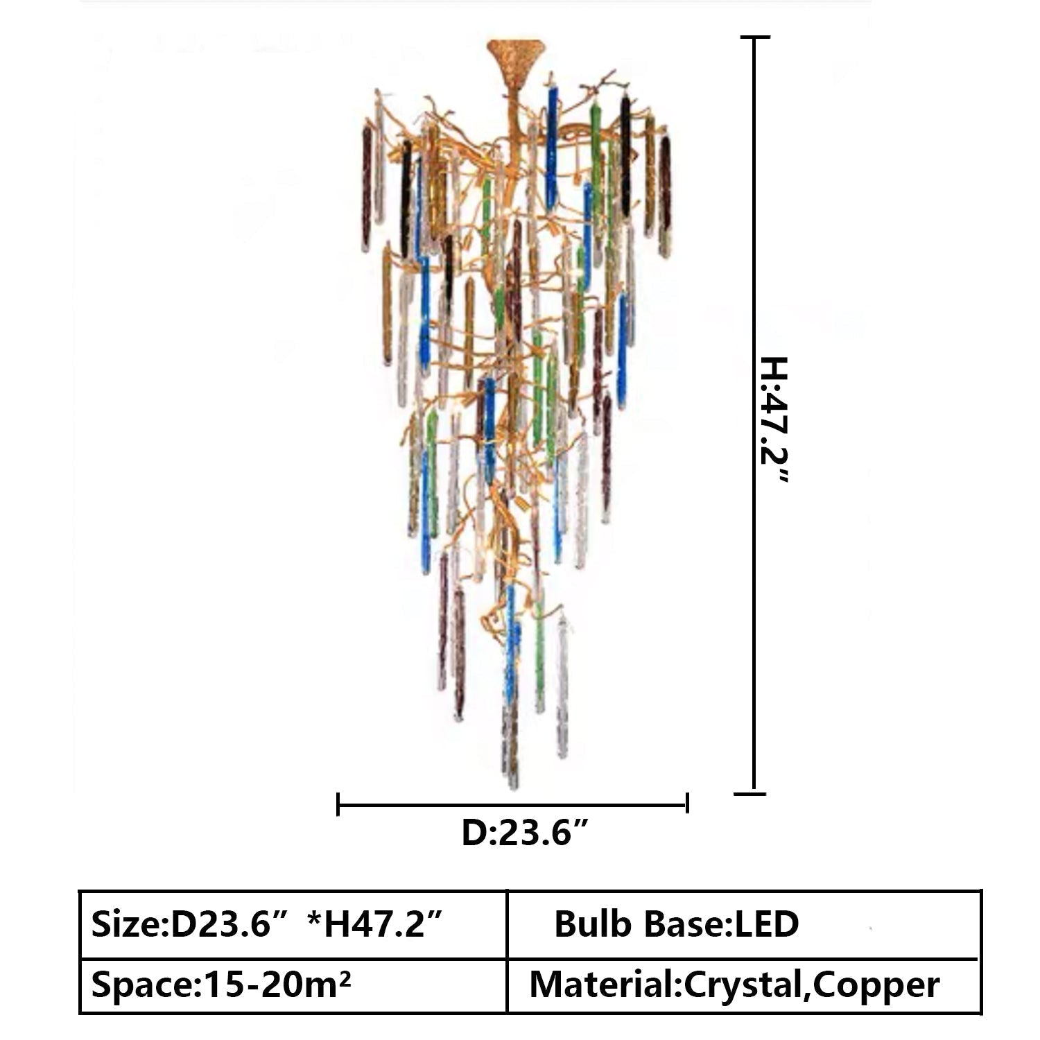 Modern Light Luxury Brass Branches Colored Glass Column Chandelier for Staircase/Living Room/High - ceiling Space - D 31.50" * H 70.87"White LightBlushlighting