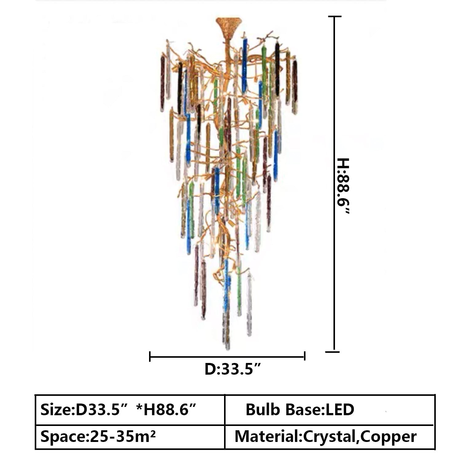 Modern Light Luxury Brass Branches Colored Glass Column Chandelier for Staircase/Living Room/High - ceiling Space - D 31.50" * H 70.87"White LightBlushlighting