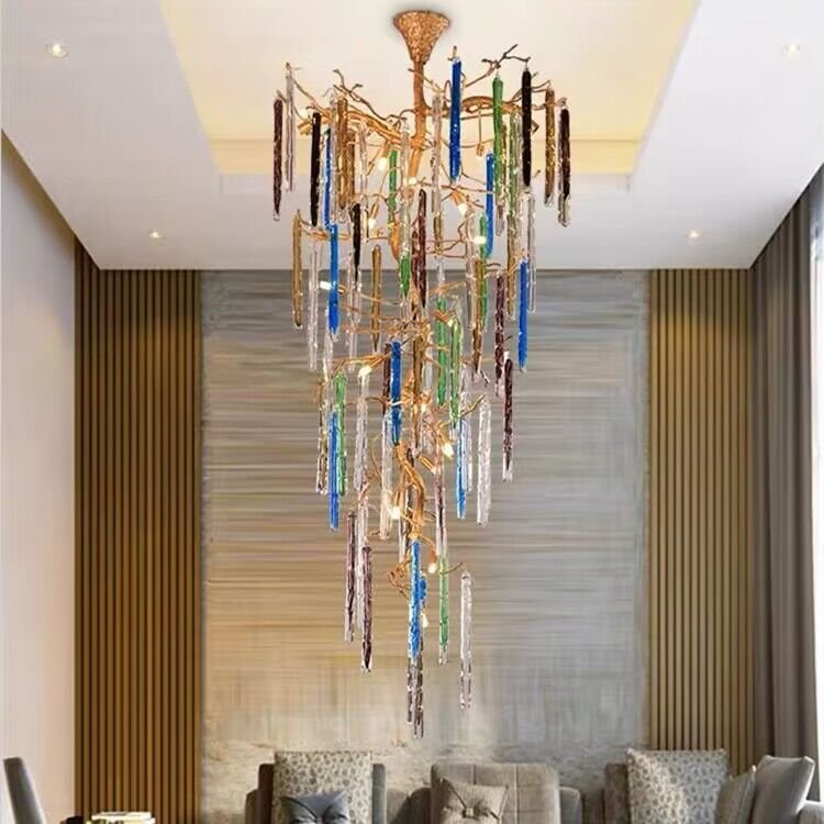 Modern Light Luxury Brass Branches Colored Glass Column Chandelier for Staircase/Living Room/High - ceiling Space - D 23.62" * H 39.37"Warm LightBlushlighting