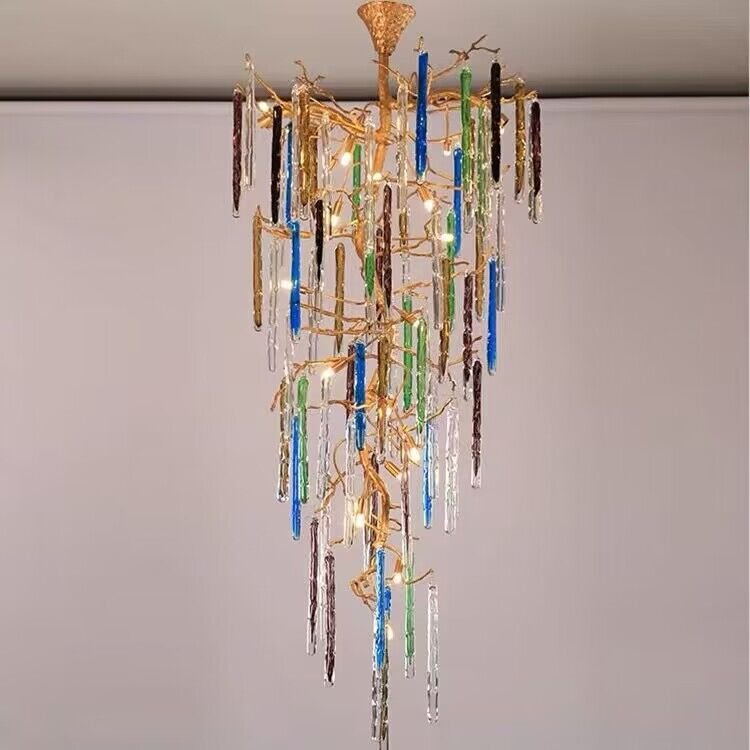 Modern Light Luxury Brass Branches Colored Glass Column Chandelier for Staircase/Living Room/High - ceiling Space - D 23.62" * H 59.06"Dimmable White LightBlushlighting