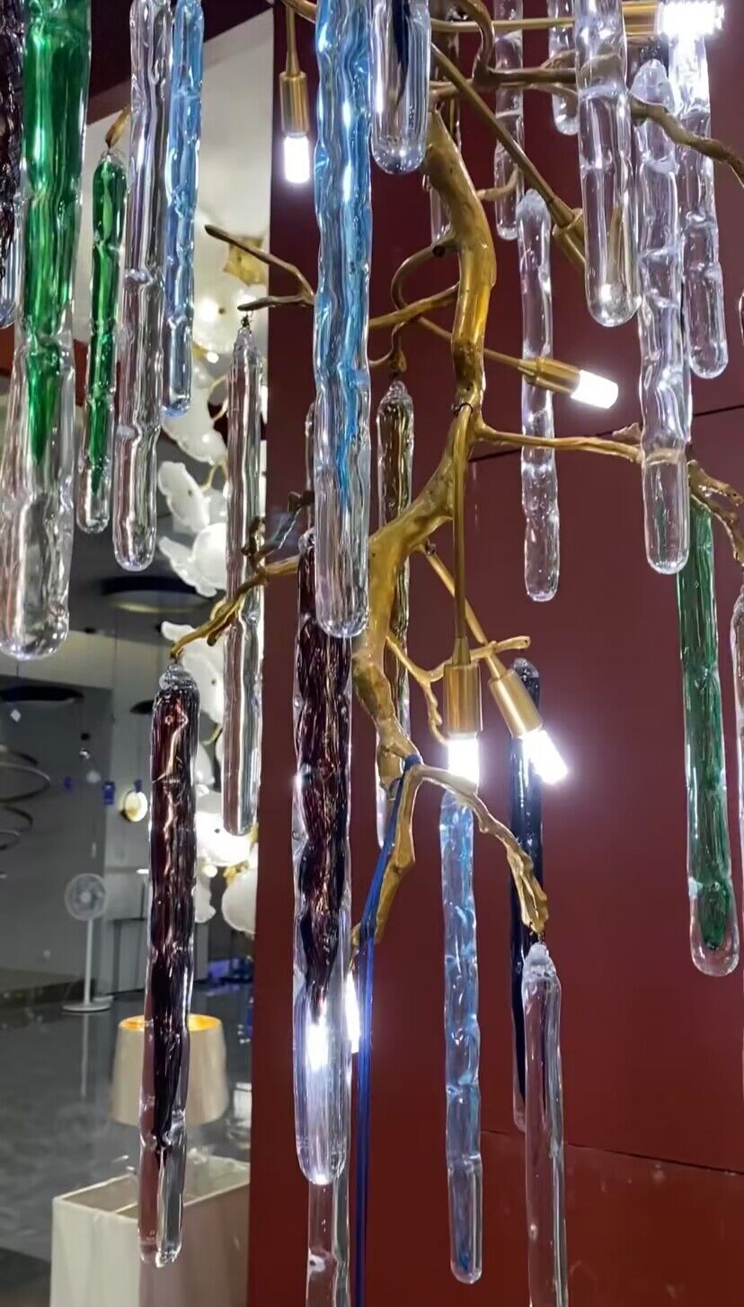 Modern Light Luxury Brass Branches Colored Glass Column Chandelier for Staircase/Living Room/High - ceiling Space - D 31.50" * H 70.87"Dimmable White LightBlushlighting