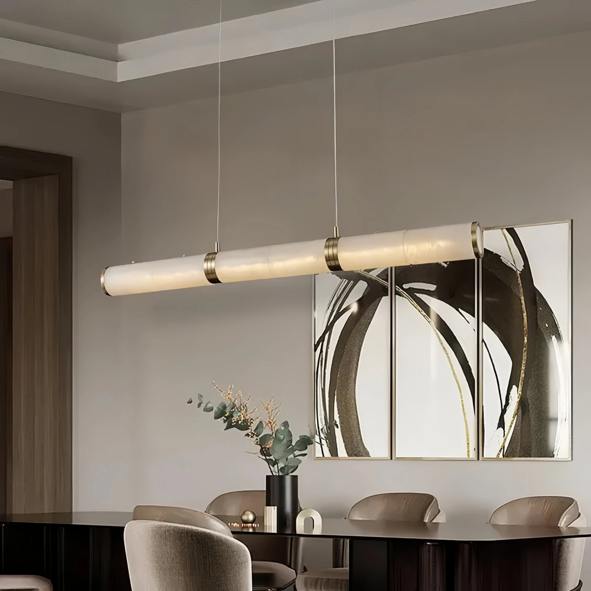Modern Linear Alabaster Chandelier, Chandelier Over Dining Table - 39.37‘’LBlushlighting