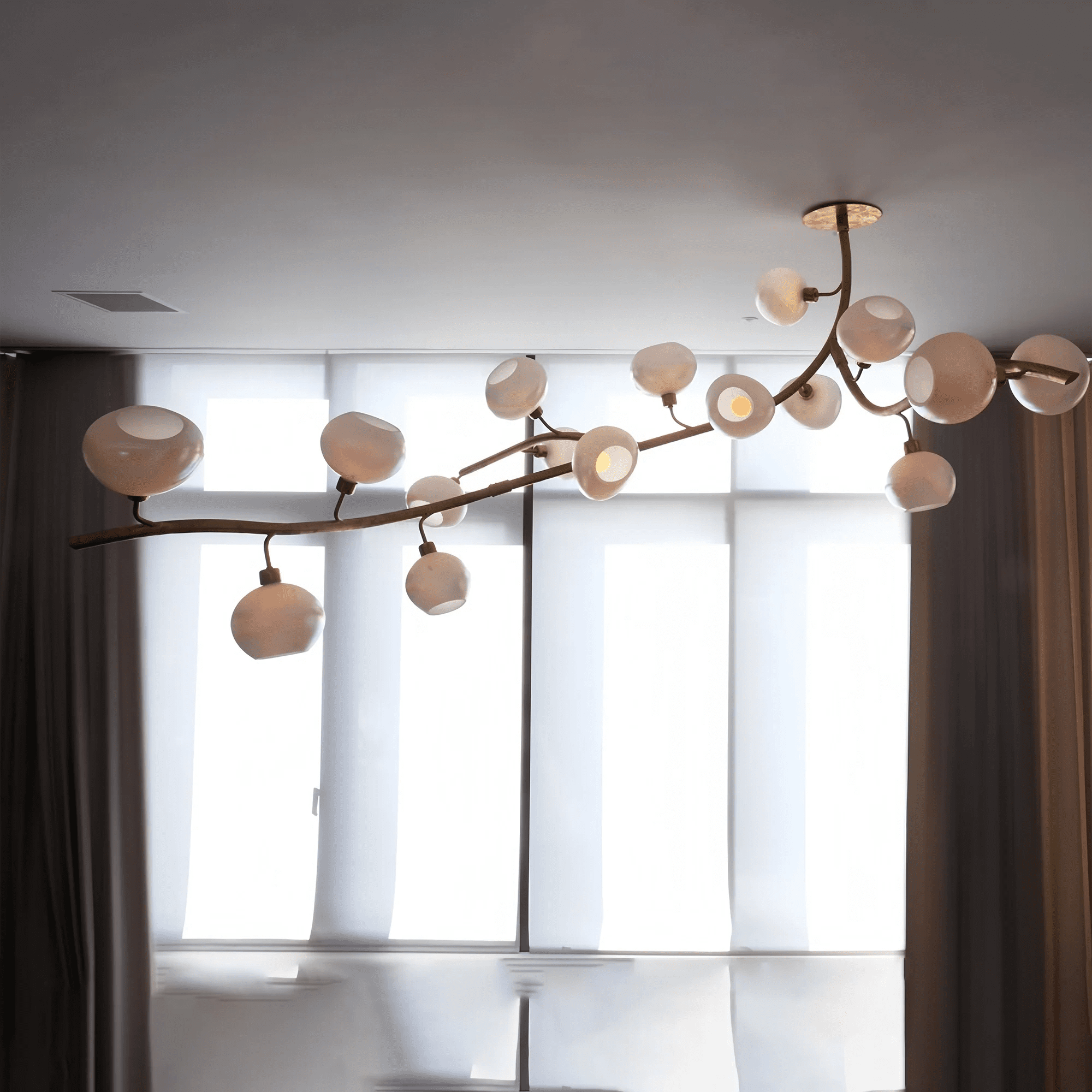 Modern Linear Brass Branches Chandelier for Dining Room - L83.5"*W55"*H75.5"Warm LightBlushlighting