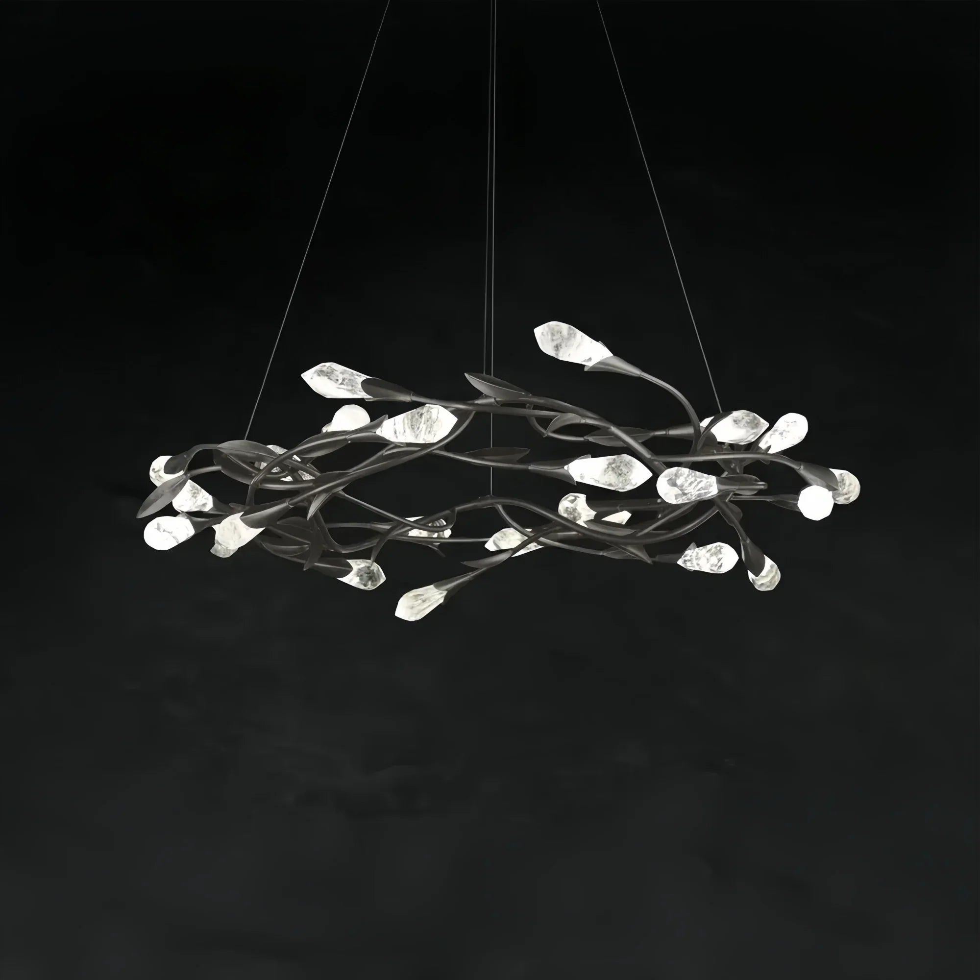 Modern Linear/Round Floral Branches Crystal Chandelier-Round/D35.4"*H8.5"(D90cm*H21.6cm)-Black-Dimmable White Light-Blushlighting