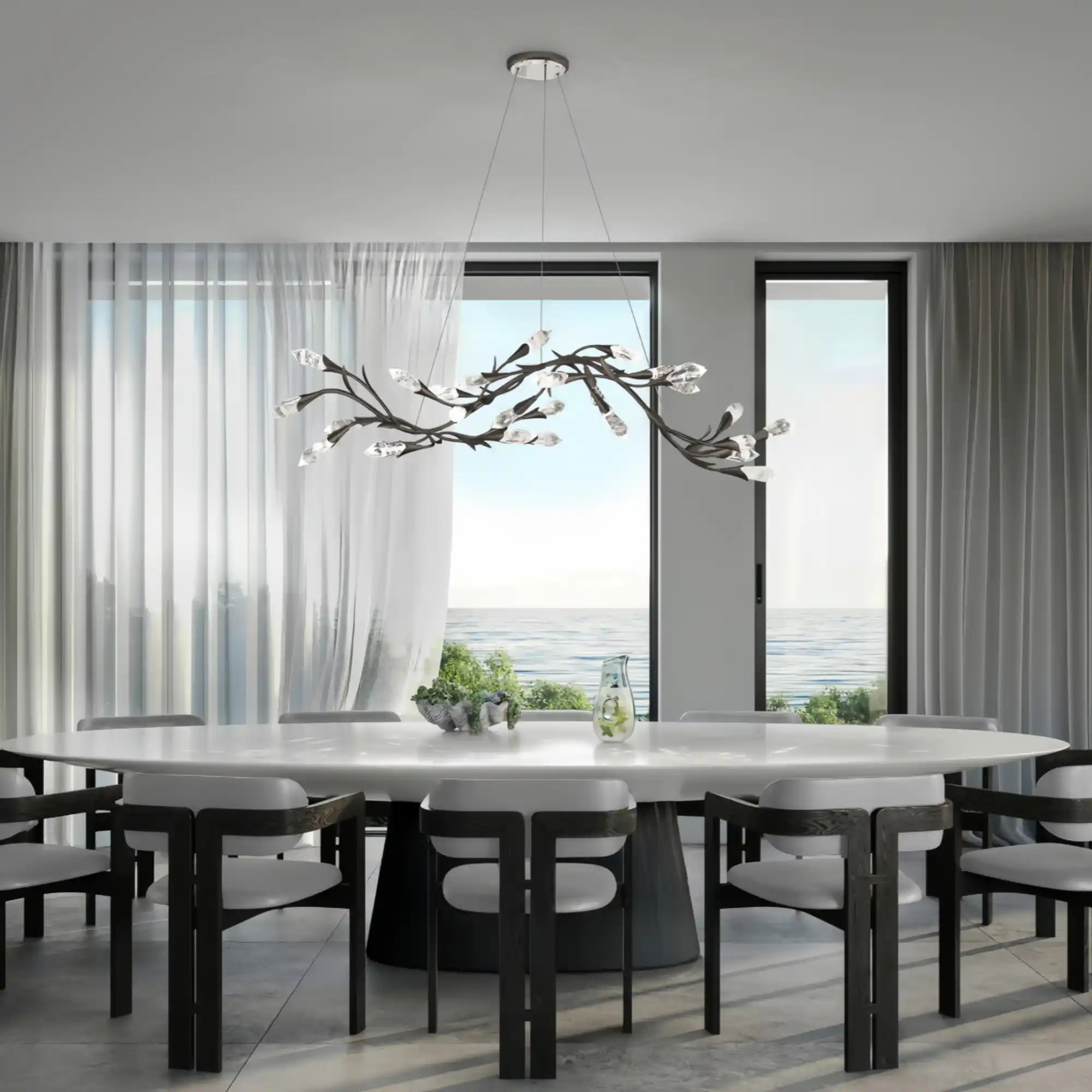 Modern Linear/Round Floral Branches Crystal Chandelier - Linear/L56.3"*W15.5"*H11.9"(L143cm*W39.4cm*H30.2cm)BlackWarm LightBlushlighting