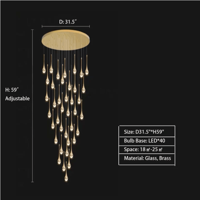 Modern Long Gold Glass Raindrop Rod Pendant Light for Staircase/High - ceiling room - One Single: D3.9"*H15.0"Blushlighting