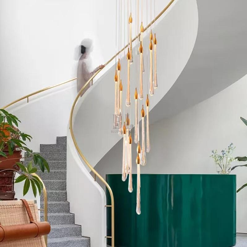 Modern Long Gold Glass Raindrop Rod Pendant Light for Staircase/High - ceiling room - One Single: D3.9"*H15.0"Blushlighting