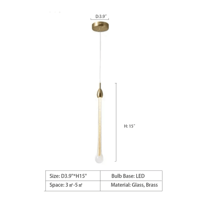 Modern Long Gold Glass Raindrop Rod Pendant Light for Staircase/High - ceiling room - One Single: D3.9"*H15.0"Blushlighting