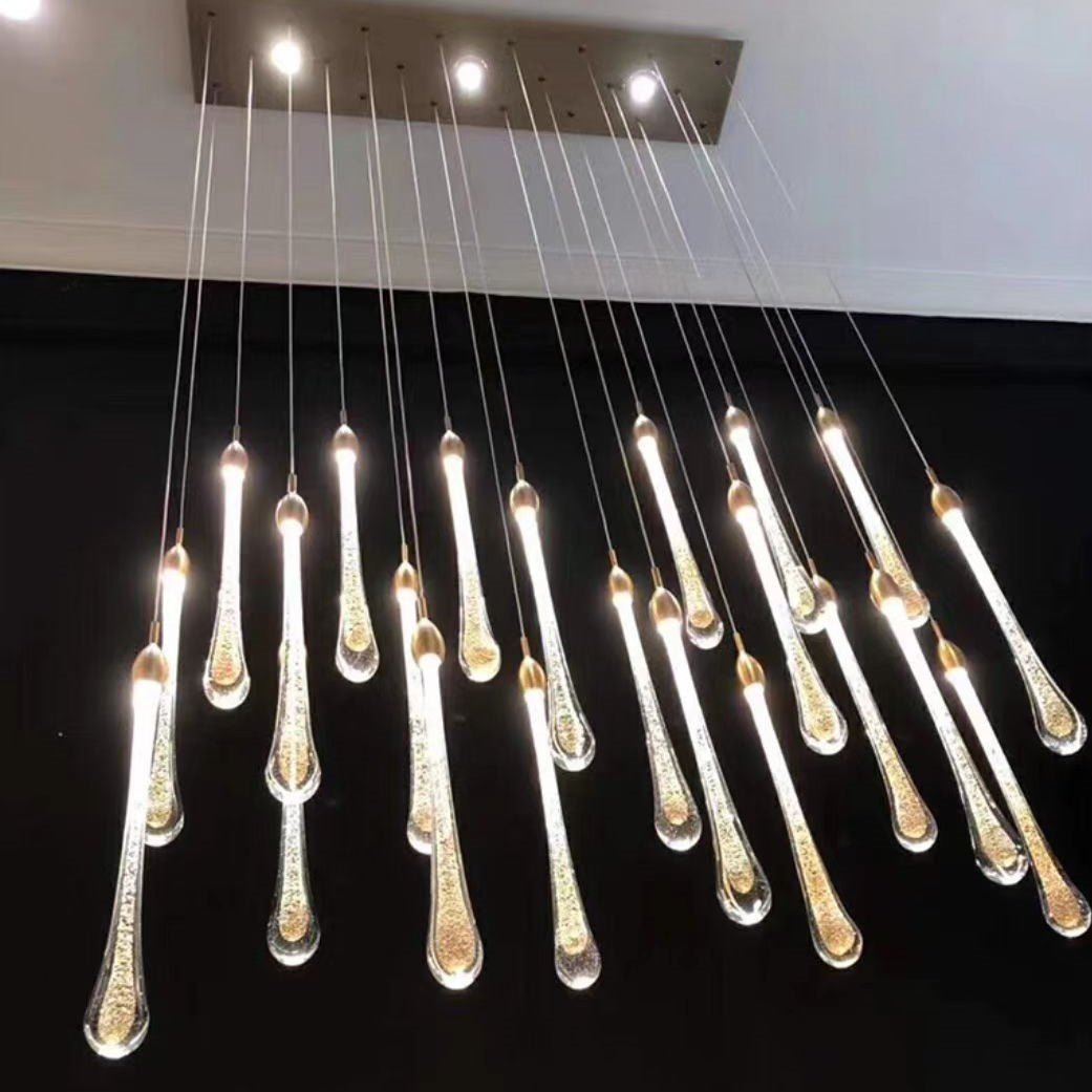 Modern Long Gold Glass Raindrop Rod Pendant Light for Staircase/High - ceiling room - One Single: D3.9"*H15.0"Blushlighting