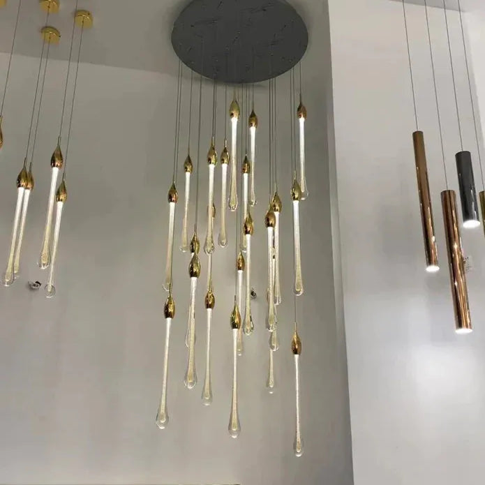 Modern Long Gold Glass Raindrop Rod Pendant Light for Staircase/High - ceiling room - One Single: D3.9"*H15.0"Blushlighting