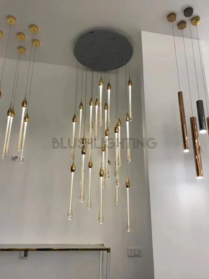 Modern Long Gold Glass Raindrop Rod Pendant Light for Staircase/High - ceiling room - One Single: D3.9"*H15.0"Blushlighting