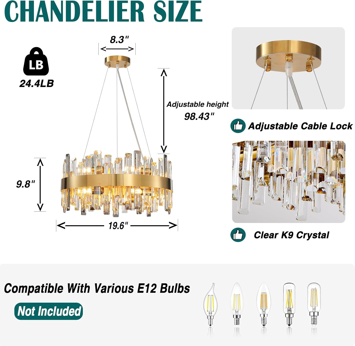 Modern Luxury Gold Round 12-Light K9 Crystal Chandelier