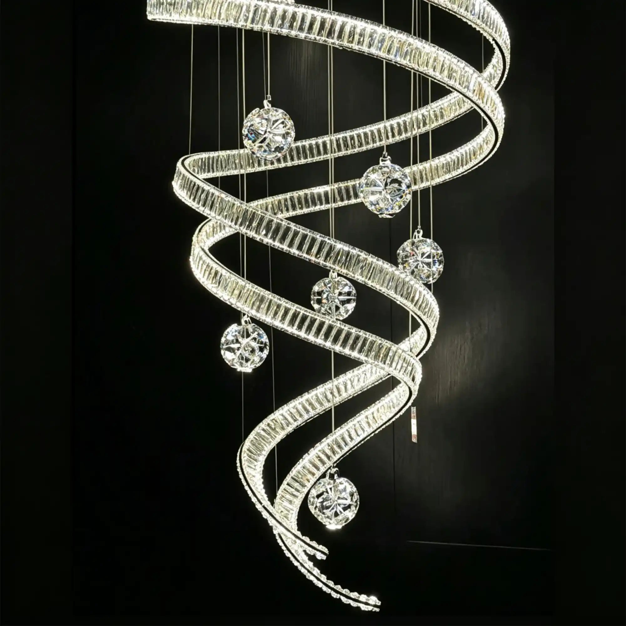 Modern Luxury Spiral Ribbon Multi-Ball Crystal Chandelier for Foyer/Staircase - D47.24"*H118.11"(D120cm*H300cm)Dimmable White LightBlushlighting