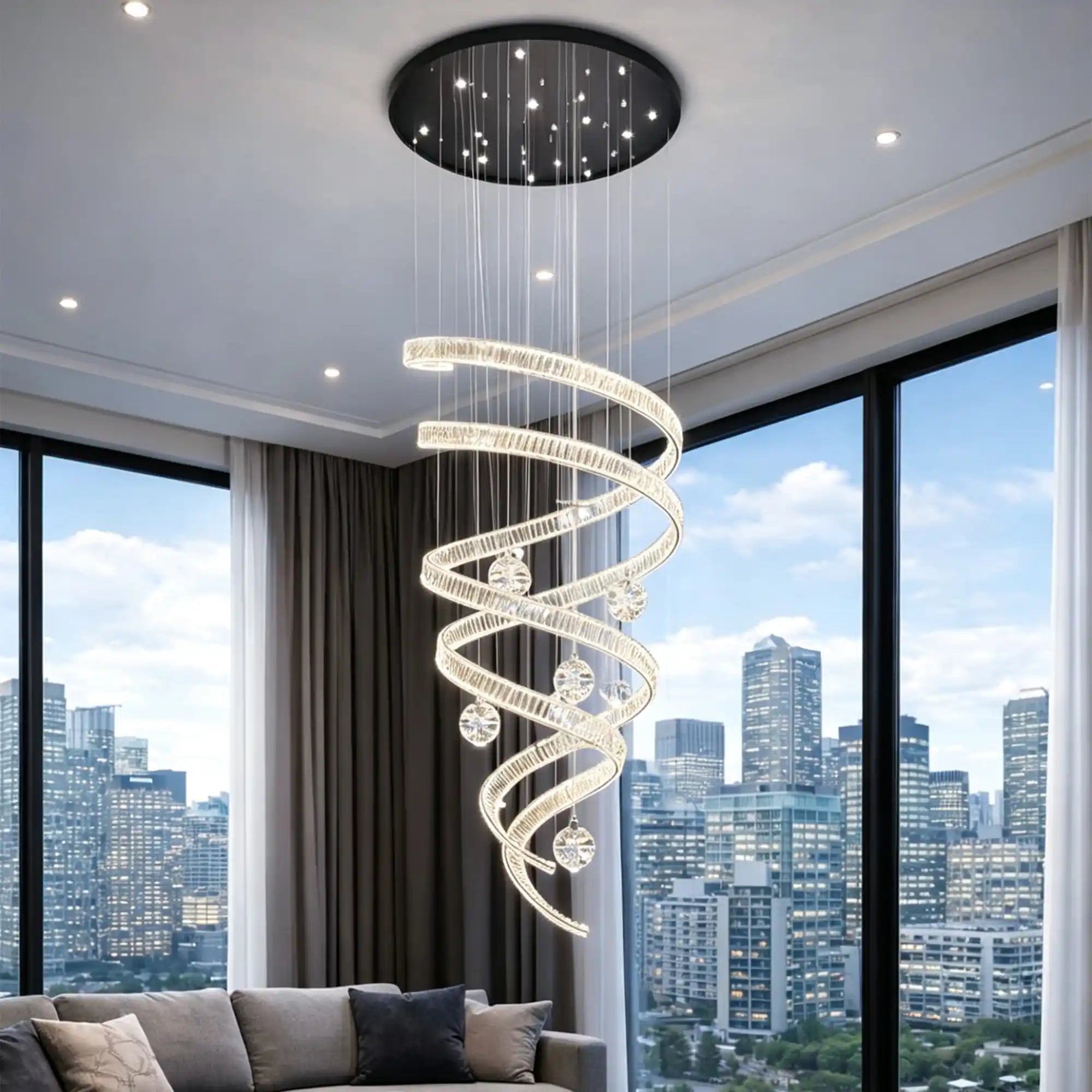 Modern Luxury Spiral Ribbon Multi-Ball Crystal Chandelier for Foyer/Staircase - D47.24"*H118.11"(D120cm*H300cm)Dimmable White LightBlushlighting