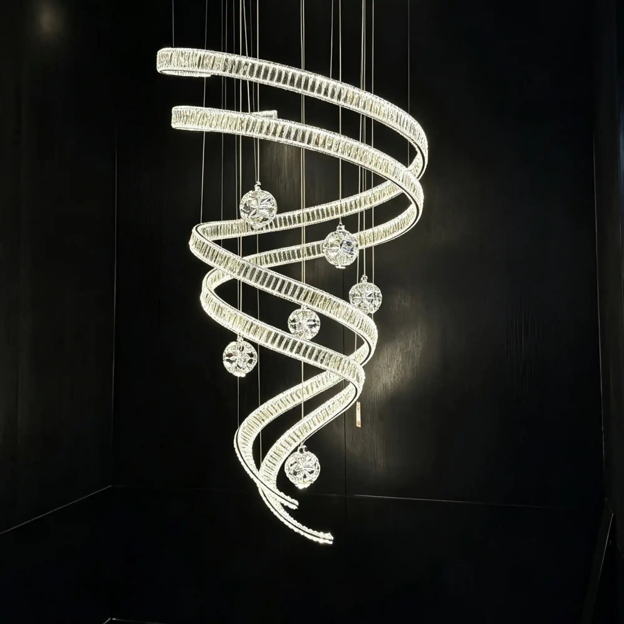 Modern Luxury Spiral Ribbon Multi-Ball Crystal Chandelier for Foyer/Staircase - D47.24"*H118.11"(D120cm*H300cm)Dimmable White LightBlushlighting