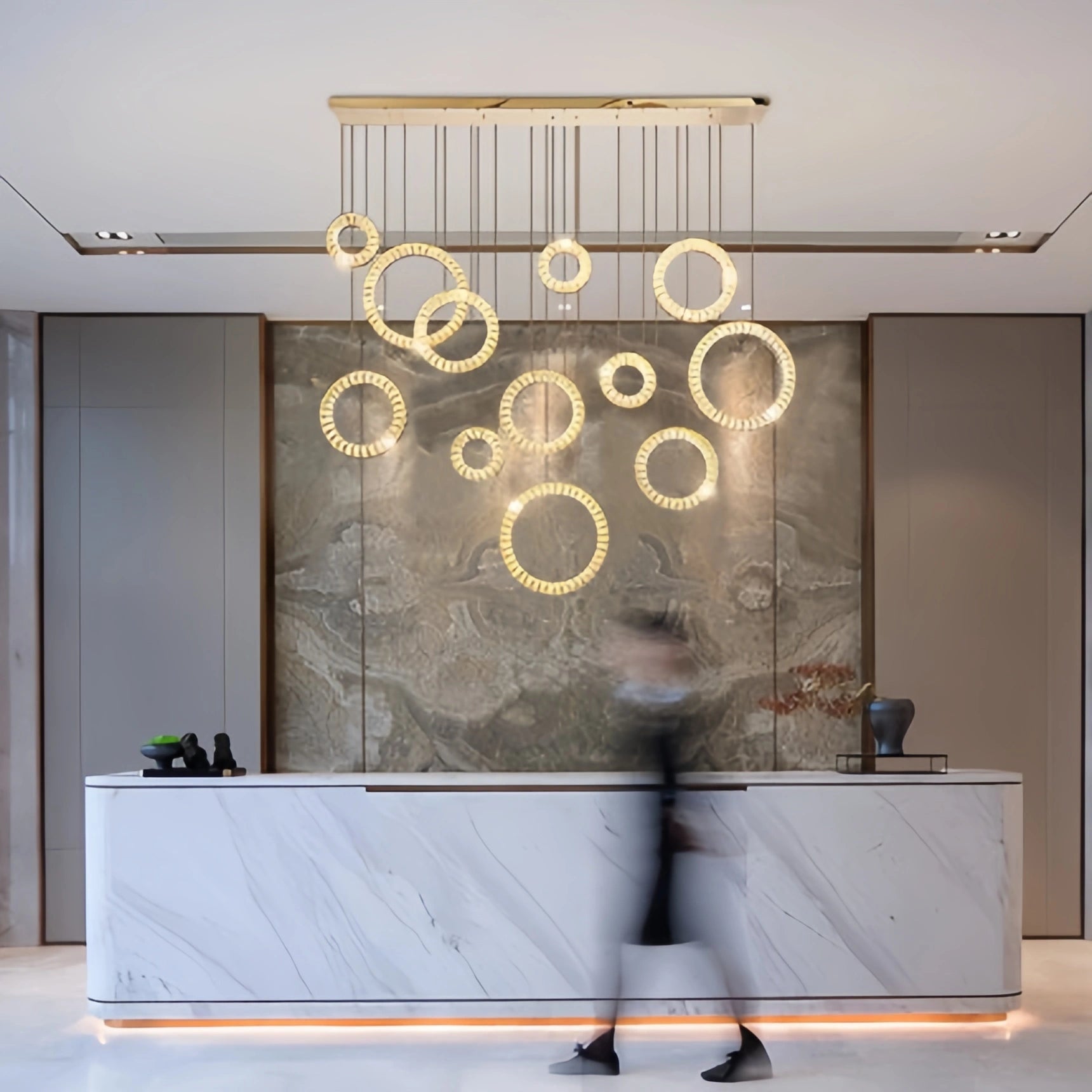 Modern Multi Gold Donuts Shape Crystal Chandelier Ring Round Light Fixture for Foyer Staircase - Linear/ D 63" * H 98.4"GoldDimmable Warm LightBlushlighting