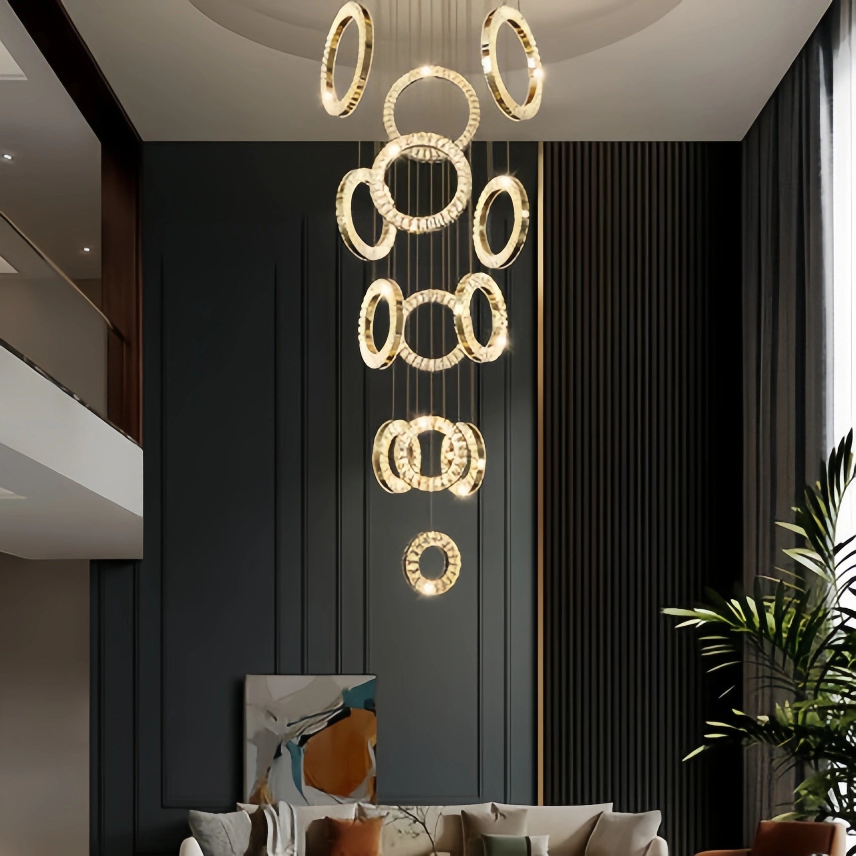 Modern Multi Gold Donuts Shape Crystal Chandelier Ring Round Light Fixture for Foyer Staircase - Linear/ D 63" * H 98.4"ChromeWarm LightBlushlighting
