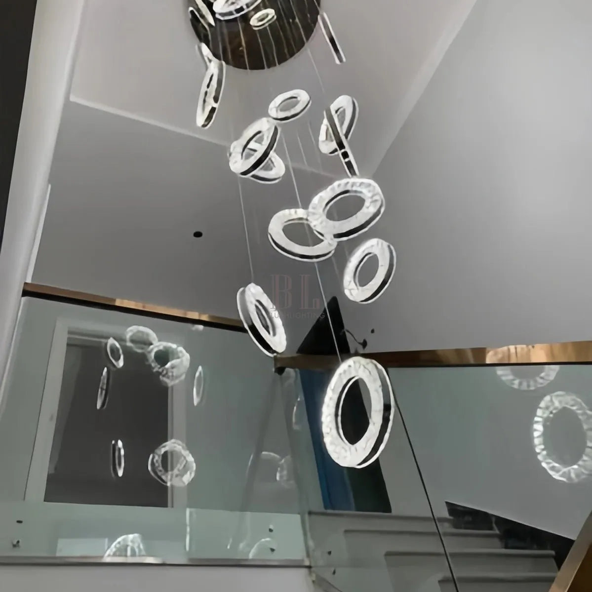 Modern Multi Gold Donuts Shape Crystal Chandelier Ring Round Light Fixture for Foyer Staircase - Round/ D 31.5" * H 118.1"ChromeWarm LightBlushlighting