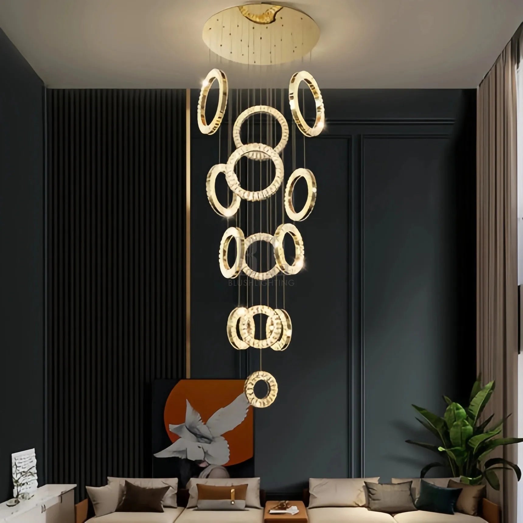 Modern Multi Gold Donuts Shape Crystal Chandelier Ring Round Light Fixture for Foyer Staircase - Round/ D 31.5" * H 118.1"GoldDimmable Warm LightBlushlighting