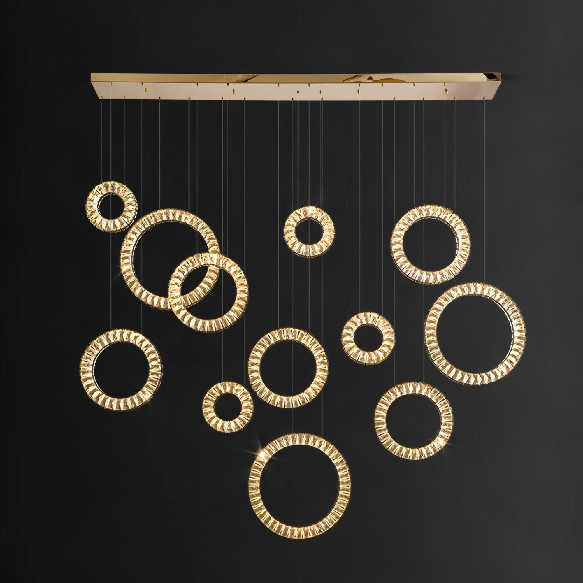 Modern Multi Gold Donuts Shape Crystal Chandelier Ring Round Light Fixture for Foyer Staircase - Linear/ D 63" * H 98.4"ChromeWarm LightBlushlighting