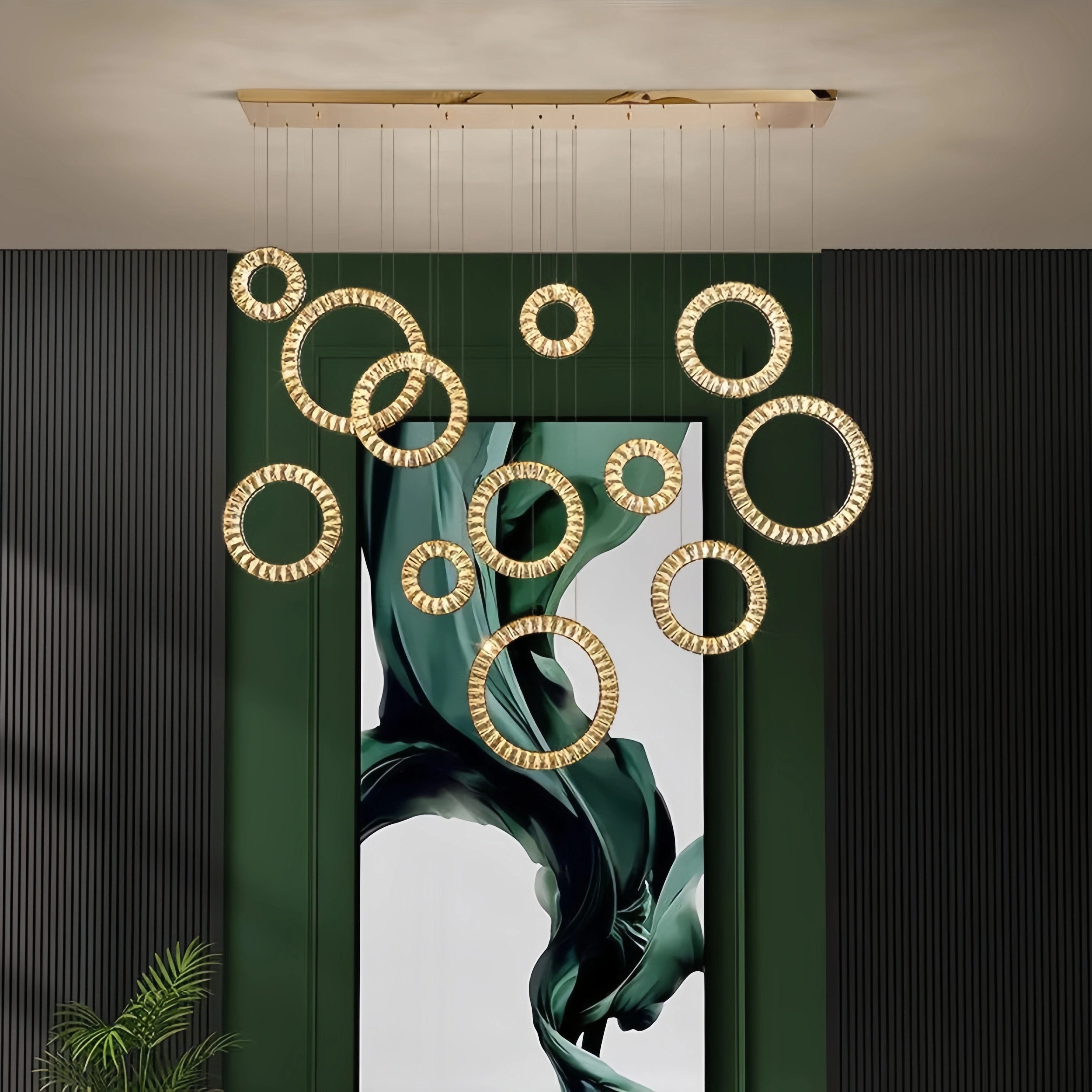 Modern Multi Gold Donuts Shape Crystal Chandelier Ring Round Light Fixture for Foyer Staircase - Linear/ D 63" * H 98.4"GoldWarm LightBlushlighting