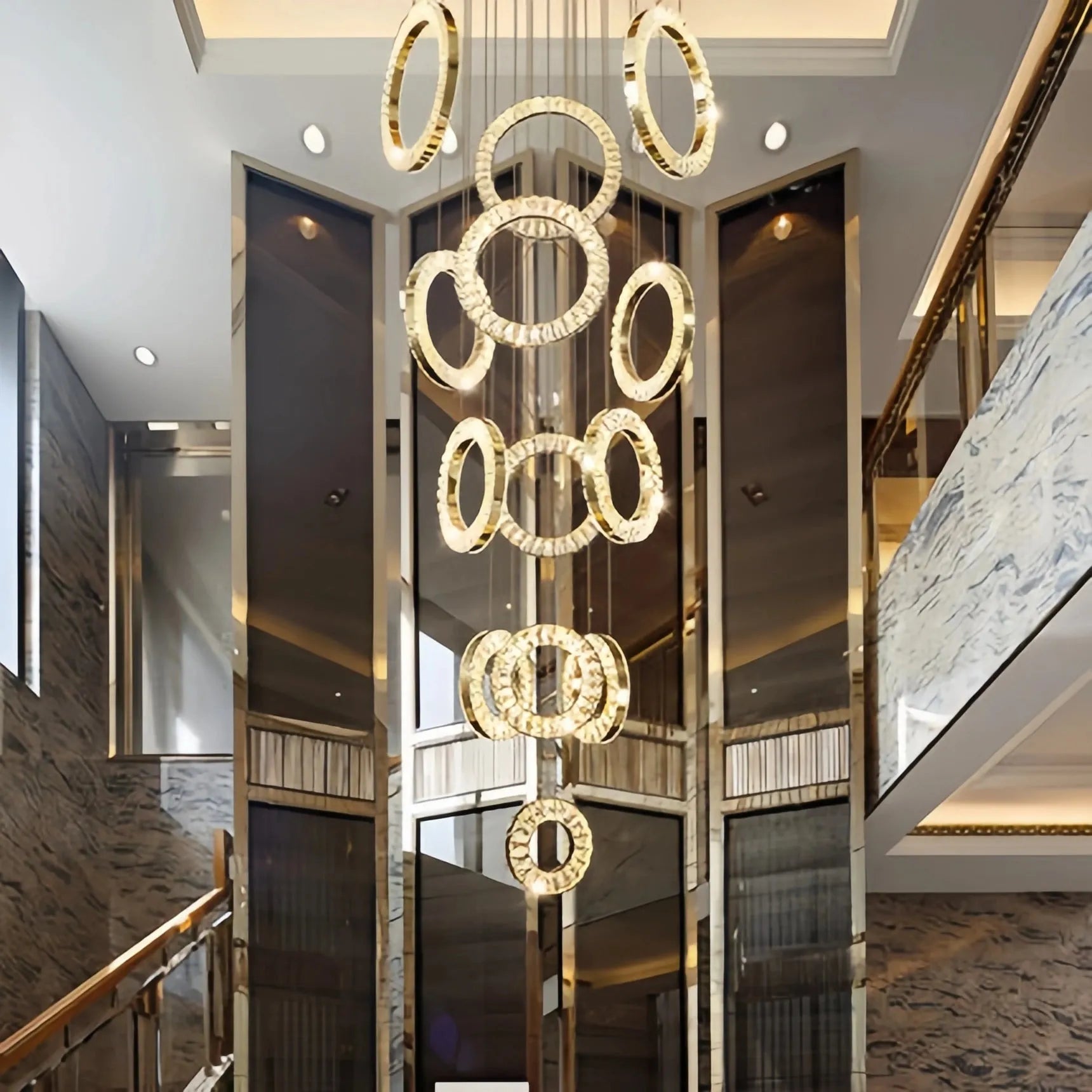 Modern Multi Gold Donuts Shape Crystal Chandelier Ring Round Light Fixture for Foyer Staircase - Round/ D 31.5" * H 118.1"GoldDimmable White LightBlushlighting