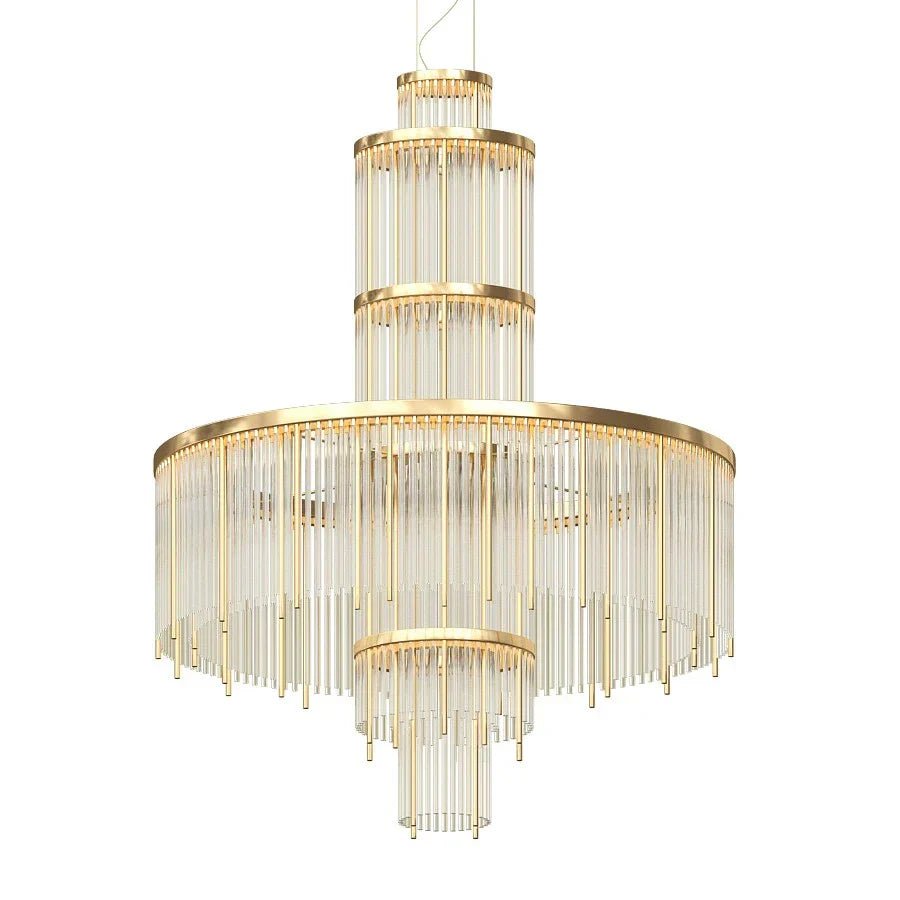 Modern Multi-layered Glass&Metal Rods Chandelier for High-ceiling - D47.64"*H73.6"(D121cm*H187cm)Dimmable Warm LightBlushlighting