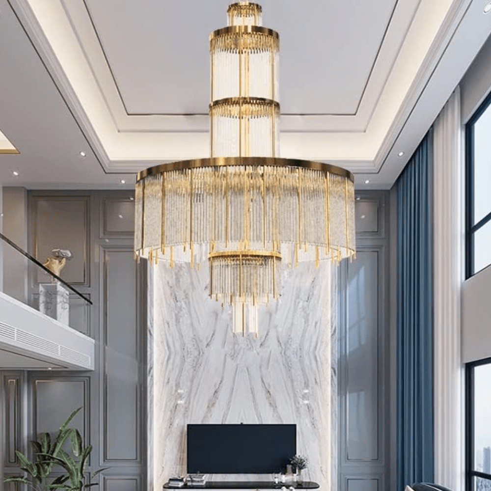 Modern Multi-layered Glass&Metal Rods Chandelier for High-ceiling - D47.64"*H73.6"(D121cm*H187cm)Dimmable Warm LightBlushlighting