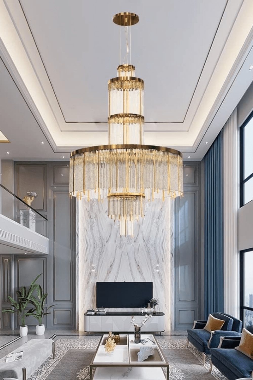 Modern Multi-layered Glass&Metal Rods Chandelier for High-ceiling - D47.64"*H73.6"(D121cm*H187cm)Dimmable Warm LightBlushlighting