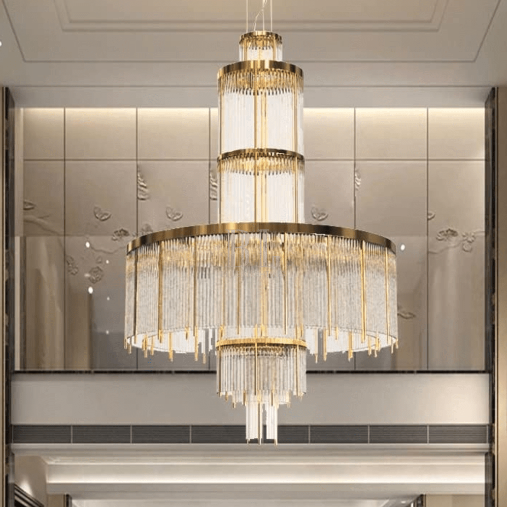 Modern Multi-layered Glass&Metal Rods Chandelier for High-ceiling - D47.64"*H73.6"(D121cm*H187cm)Dimmable Warm LightBlushlighting