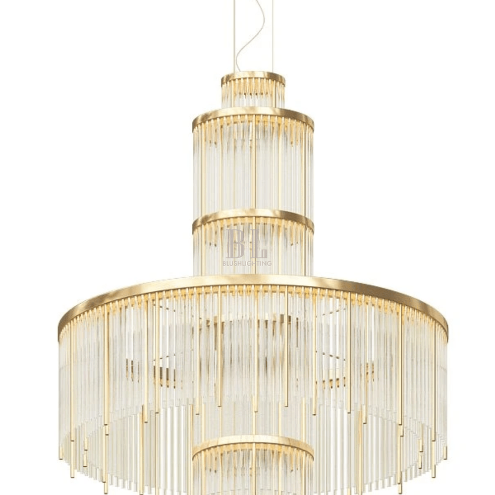 Modern Multi-layered Glass&Metal Rods Chandelier for High-ceiling - D47.64"*H73.6"(D121cm*H187cm)Dimmable Warm LightBlushlighting
