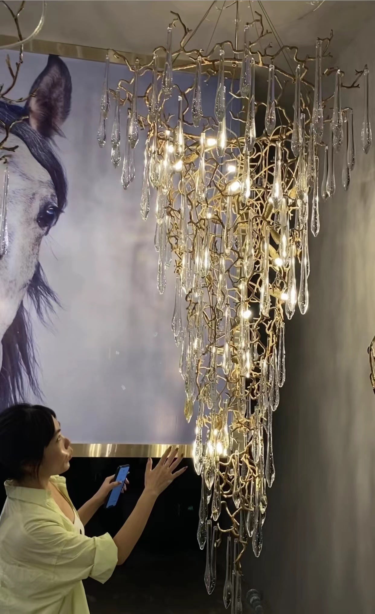 Modern Oversized Luxury Copper Crystal Long Crystal Branch Air Bubble Drop Staircase Light fixture - D31.5"*H59.1"Warm LightBlushlighting