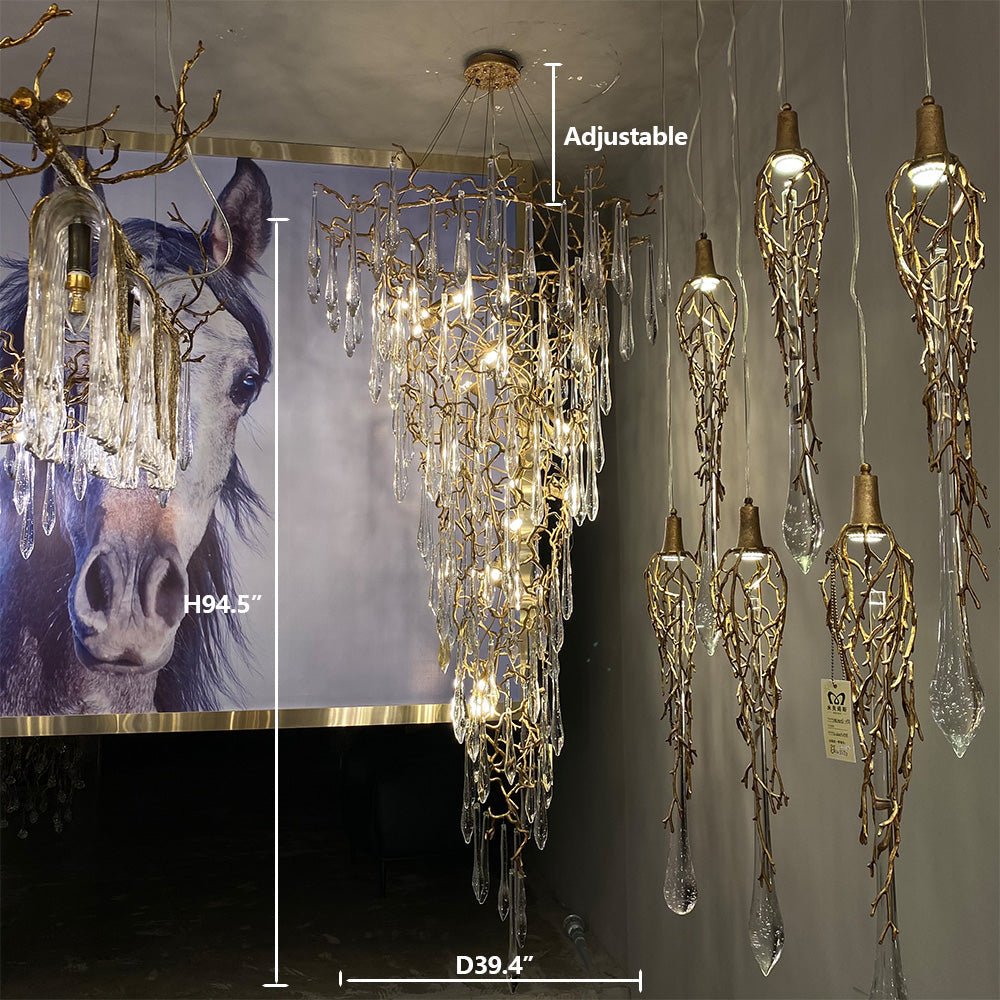 Modern Oversized Luxury Copper Crystal Long Crystal Branch Air Bubble Drop Staircase Light fixture - D31.5"*H59.1"Warm LightBlushlighting