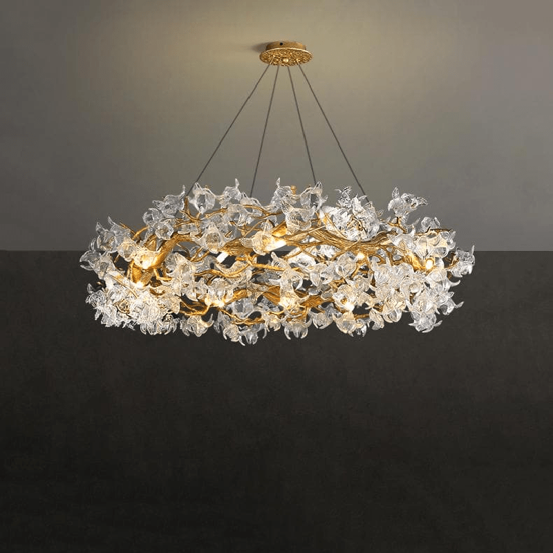 Modern Petal Crystal Round Brass Branch Chandelier - 24" W x 14" HBlushlighting
