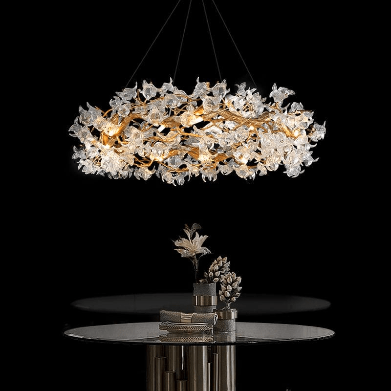 Modern Petal Crystal Round Brass Branch Chandelier - 24" W x 14" HBlushlighting