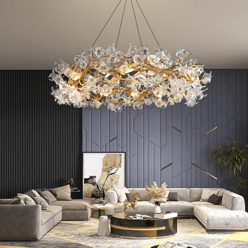 Modern Petal Crystal Round Brass Branch Chandelier - 24" W x 14" HBlushlighting