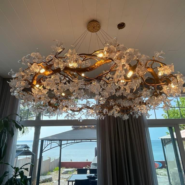 Modern Petal Crystal Round Brass Branch Chandelier For Living Room - 24" W X 14" HBlushlighting