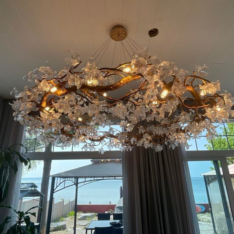 Modern Petal Crystal Round Brass Branch Chandelier For Living Room - 47" W X 18" HBlushlighting