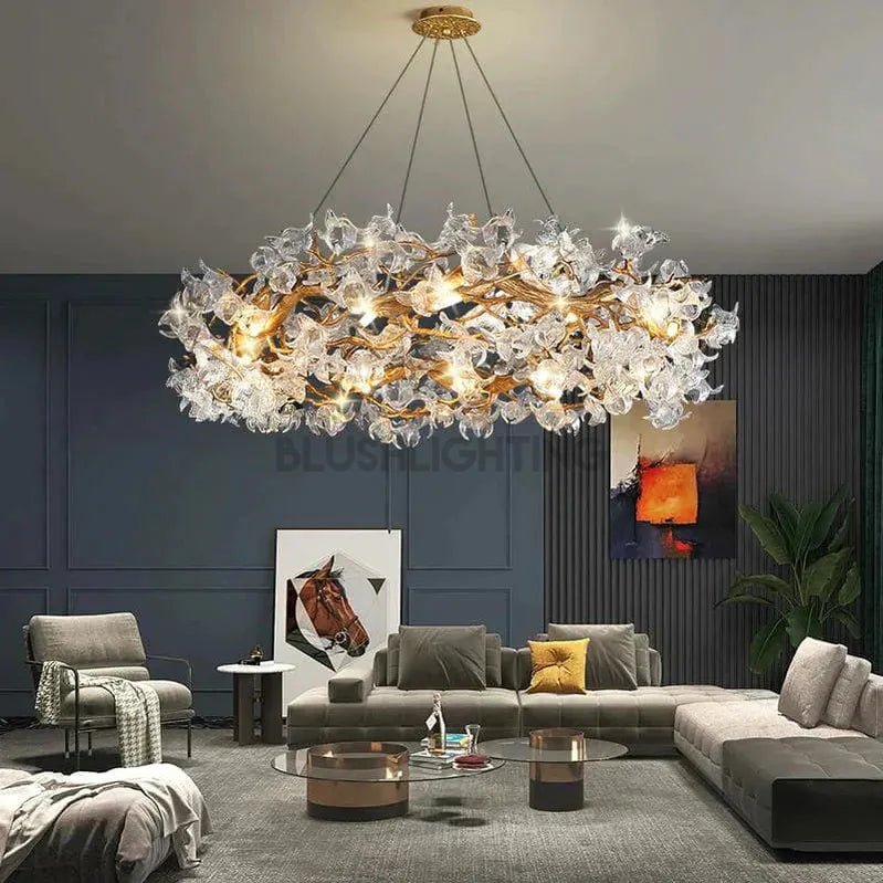 Modern Petal Crystal Round Brass Branch Chandelier For Living Room - 31" W X 16" HBlushlighting
