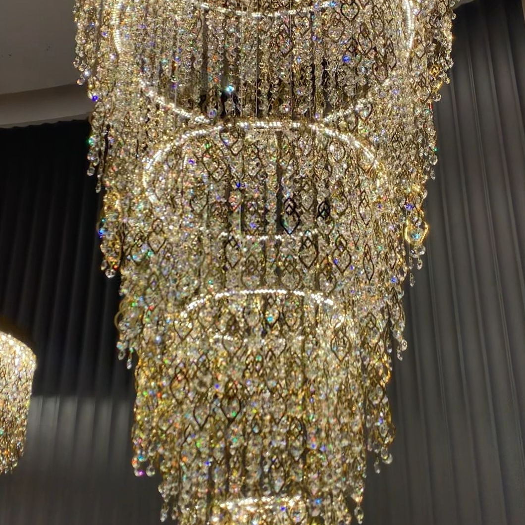 Modern Round 5 - Layer Crystal Tassel Chandelier for Villa/Staircase/Foyer/Living Room - D39.37''*H94.48''(D100cm*H240cm)/62.2kgWarm LightBlushlighting